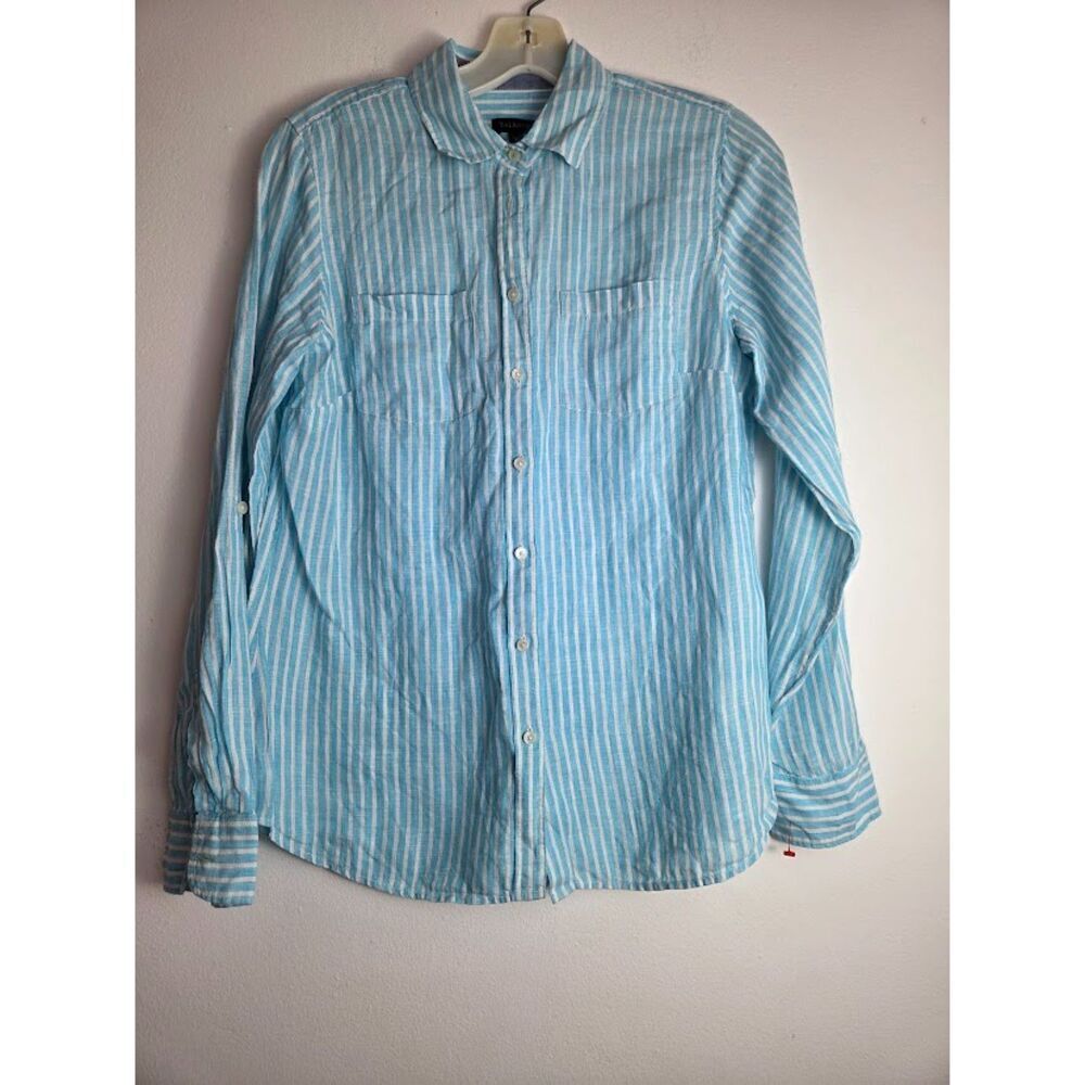 Talbots Aqua Blue w/White Stipes 100% Linen Lagenlook Button Down Blouse Small